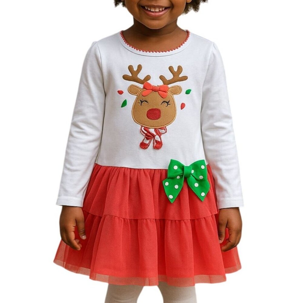 Bonnie Jean Girls Size 6 Dress Tutu Rudolph Long Sleeve Holiday White Red